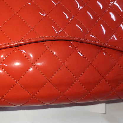 CHANEL CLASSIC FLAP medium size red patent leather quilted shoulder bag with 13 chain links, gold and black and red hardware-(SKU)-931805399