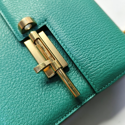 HERMÈS Verrou 17 Velvet Green Chèvre Mysore Goat Leather Gun Bag Crossbody Bag Shoulder Bag with Gold Hardware and C-(SKU)-962313369