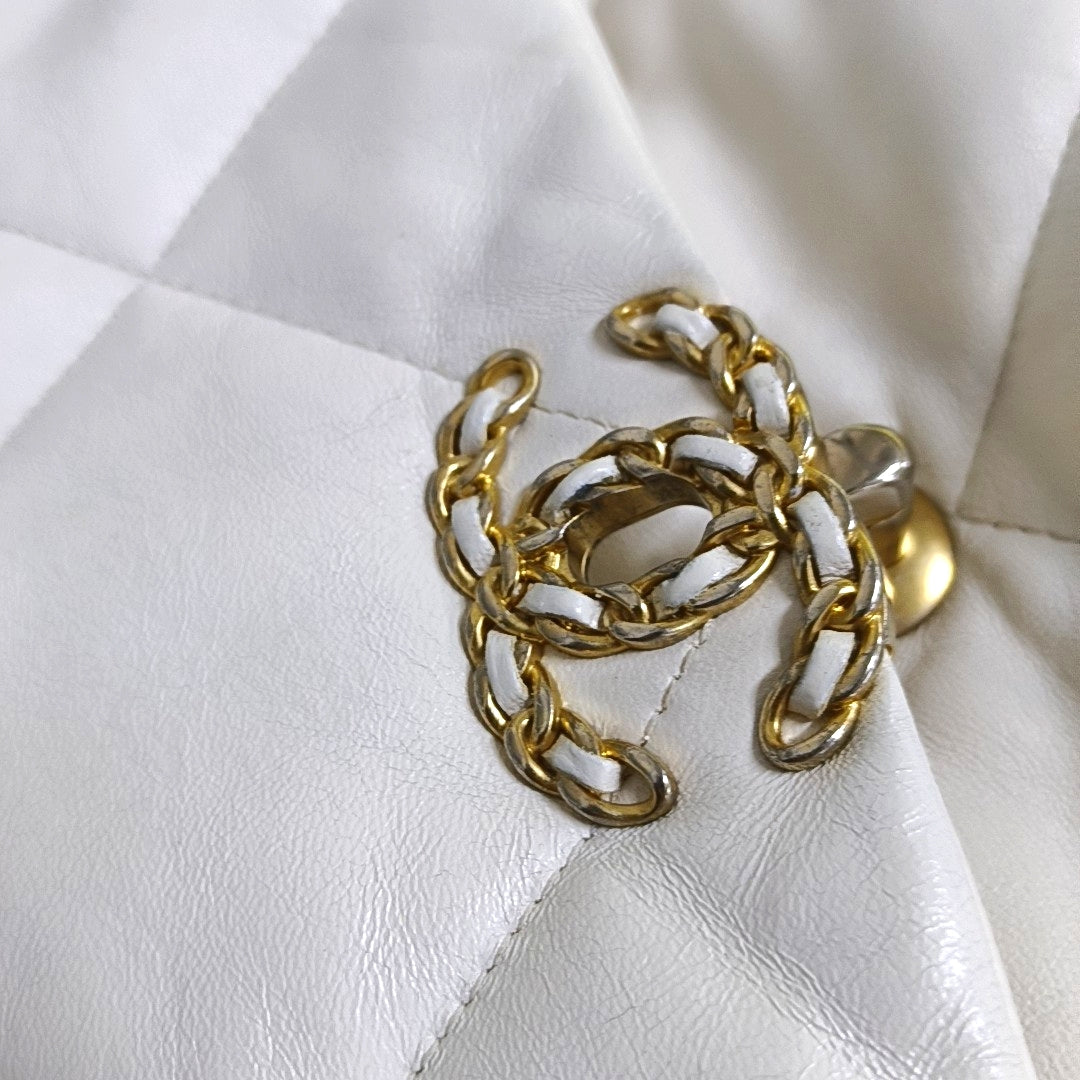 CHANEL CHANEL 19 Small White Lamb Skin Quilted Shoulder Bag Crossbody with Gold, Silver and Ruthenium Hardware 30 Clasp-(SKU)-969981633