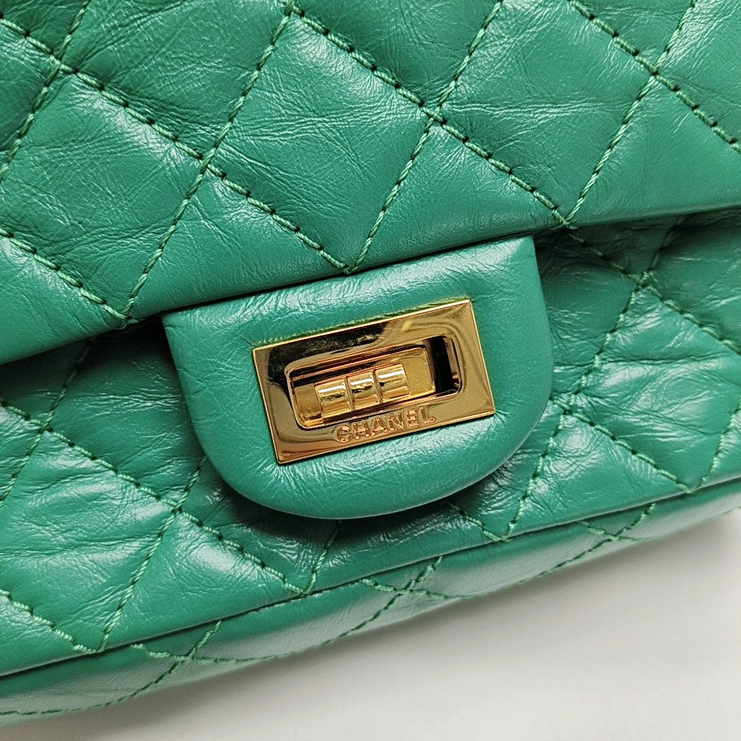 CHANEL 2.55 Mini Green Leather Quilted Chain Crossbody Shoulder Bag with Gold Hardware, 28 Clasps-(SKU)-971035161