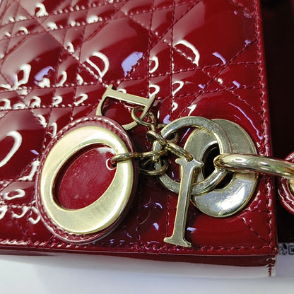 DIOR Lady Dior Mini Red Patent Leather Quilted Cannage Three-Panel Single Shoulder Bag Handbag Crossbody Bag Gold Hardware Removable Shoulder Strap-(SKU)-969715259