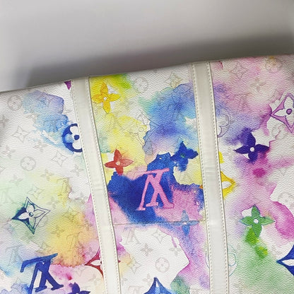 LOUIS VUITTON WEEK-END Large size white coated canvas Monogram vintage print single shoulder bag with handle, silver hardware, interior pocket, removable shoulder strap-(SKU)-965602289