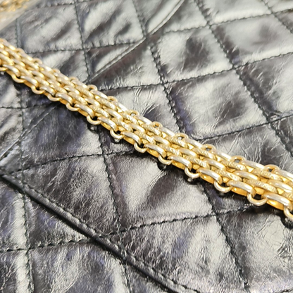 CHANEL 2.55 Black Calfskin Quilted Diamond Pattern Shoulder Bag Gold Hardware 12 Clasp-(SKU)-962208163