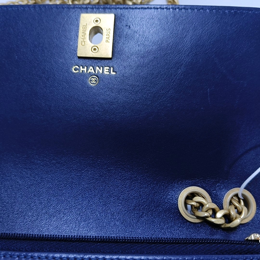 CHANEL 24B Dark Blue Lamb Skin Diamond Quilted Shoulder Bag Crossbody Bag Golden Hardware-(SKU)-965304712
