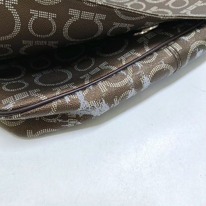 FERRAGAMO Dark Brown Coated Canvas Print Single Shoulder Bag Crossbody Bag Silver Hardware-(SKU)-952089727