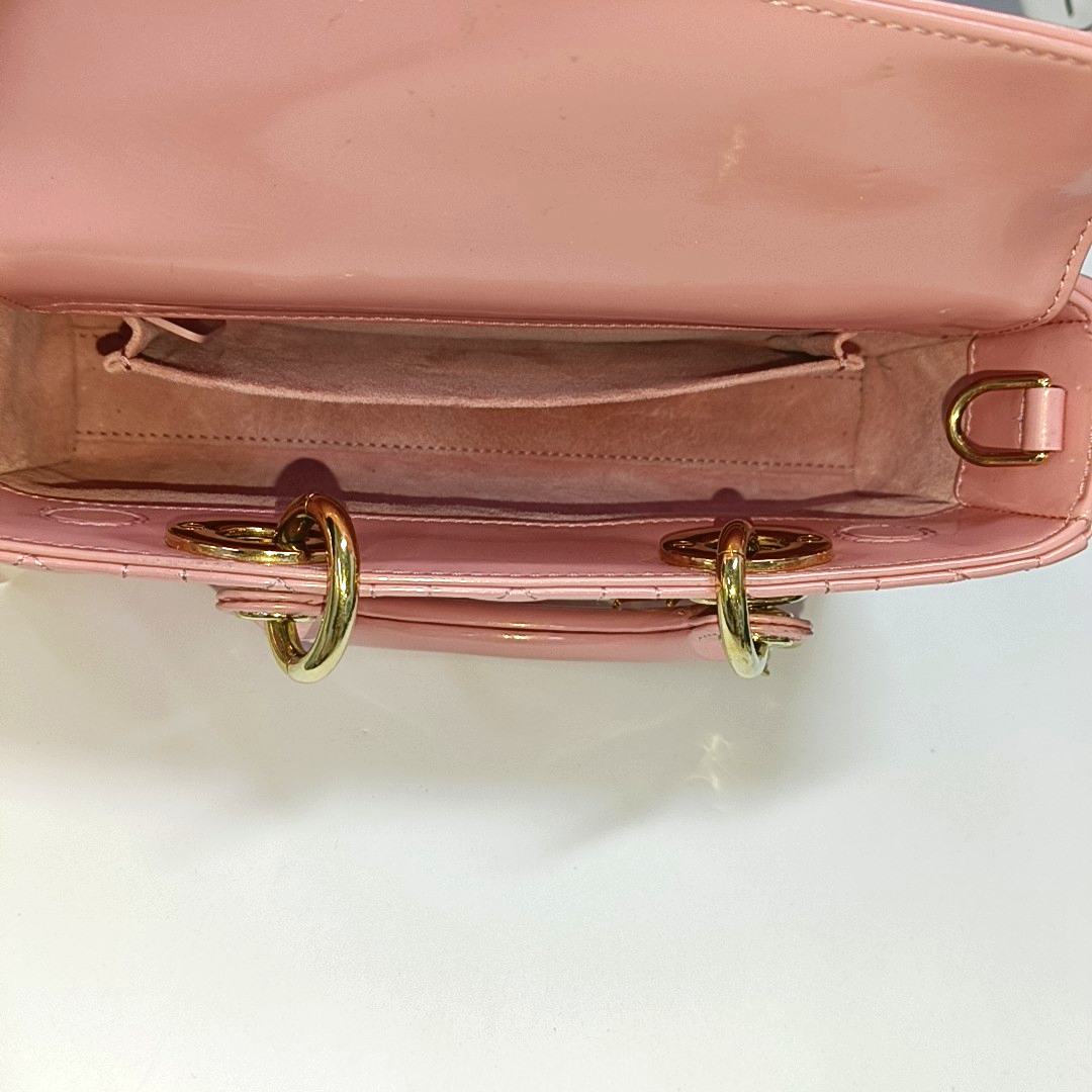 DIOR Lady D-Joy Small Pink Patent Leather Quilted Cannage Five-Panel Shoulder Bag with Detachable Strap, Gold Hardware-(SKU)-955755795