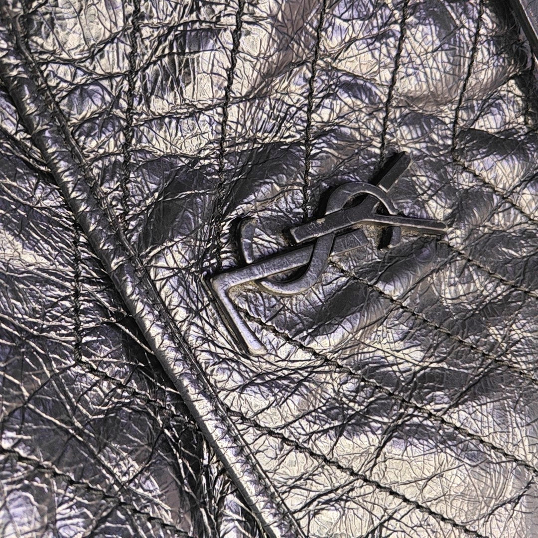 YSL NIKI Medium Size Black Leather Quilted V-Shape Shoulder Bag with Black Ruthenium Hardware-(SKU)-966134744