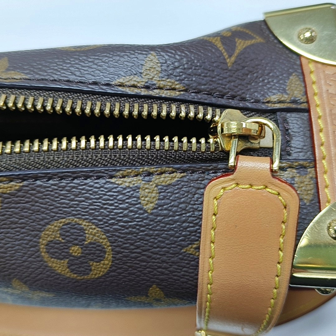 LOUIS VUITTON SIDE TRUNK Medium Monogram Brown Coated Canvas Riveted Soft Box Shoulder Bag Crossbody Bag Golden Hardware 2 Removable Straps-(SKU)-971266258