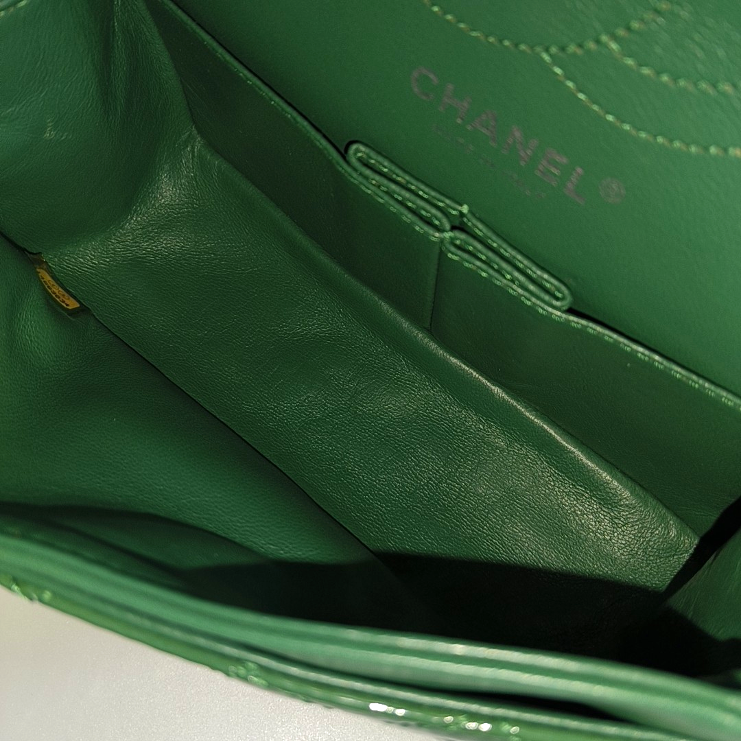 CHANEL 2.55 Small Green Patent Leather Quilted Chain Shoulder Bag with Silver Hardware, 14 Clasps-(SKU)-963604187