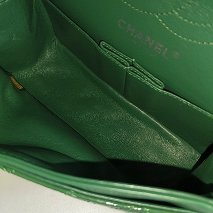 CHANEL 2.55 Small Green Patent Leather Quilted Chain Shoulder Bag with Silver Hardware, 14 Clasps-(SKU)-963604187