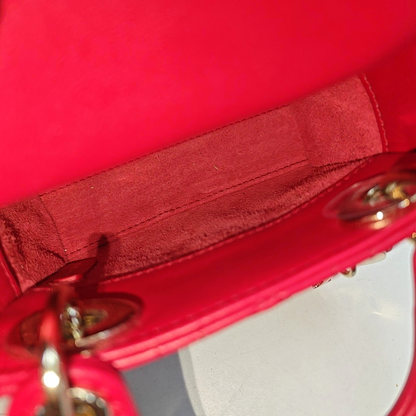DIOR Lady Dior Super Mini Red Lamb Skin Cannage Embossed Three Compartment Crossbody Shoulder Bag Gold Hardware Removable Strap-(SKU)-952282248