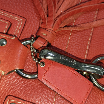 COACH HAMPTON Watermelon Red Calf Leather Fringe Weave Handbag Silver Hardware-(SKU)-928565147