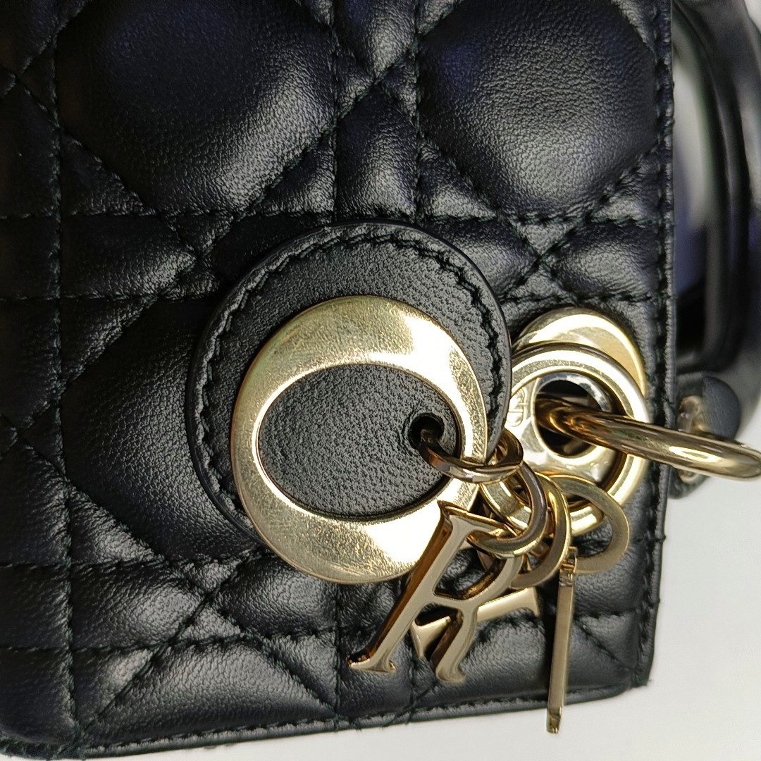 DIOR Lady D-Joy Super Mini Black Lamb Skin Wicker Stitched Crossbody Shoulder Bag Handbag Tote Bag Golden Hardware 2 Removable Straps-(SKU)-960436430