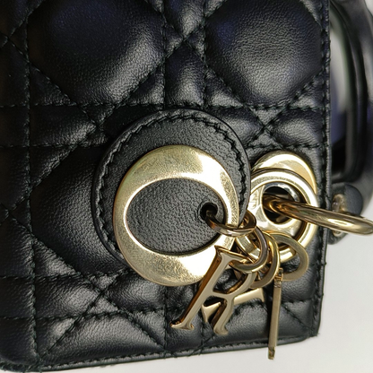 DIOR Lady D-Joy Super Mini Black Lamb Skin Wicker Stitched Crossbody Shoulder Bag Handbag Tote Bag Golden Hardware 2 Removable Straps-(SKU)-960436430