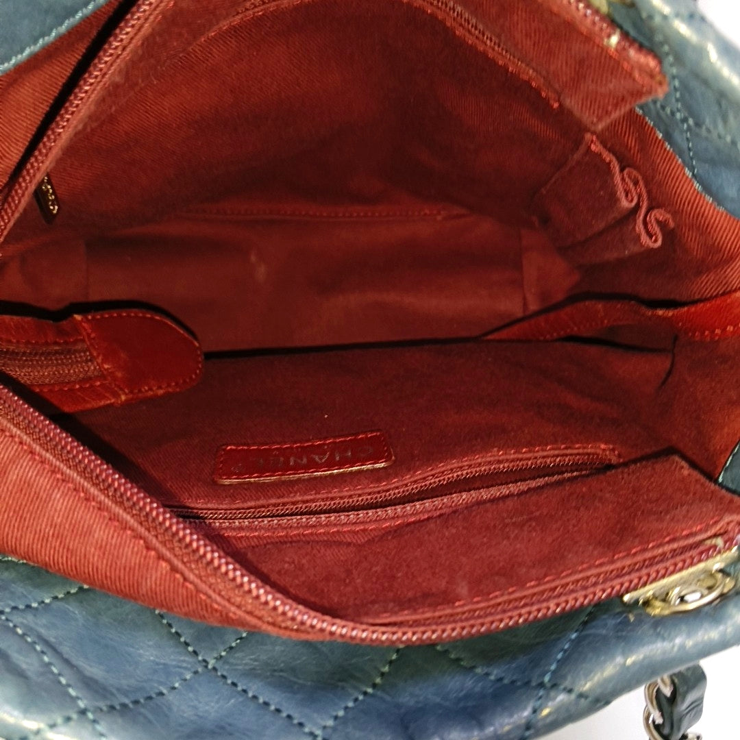 CHANEL CAMBON Blue Leather Quilted Diamond Pattern Single Shoulder Bag Silver Hardware 11 Clasp 2 Removable Shoulder Straps-(SKU)-966736811