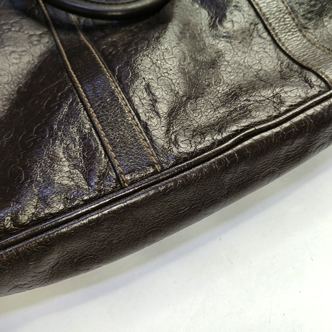 GUCCI Dark Brown Leather Vintage Embossed Tote Shoulder Bag Golden hardware-(SKU)-952168217