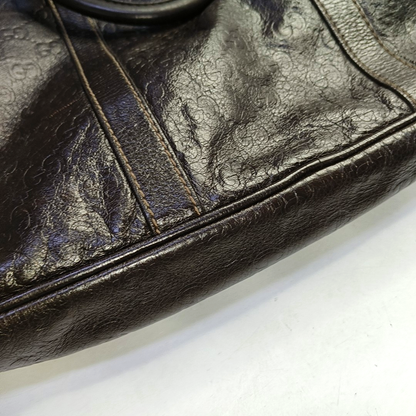 GUCCI Dark Brown Leather Vintage Embossed Tote Shoulder Bag Golden hardware-(SKU)-952168217