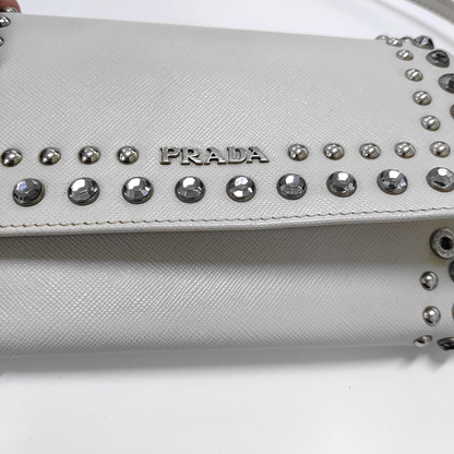 PRADA White Cowhide Crisscross Studs Single Shoulder Bag Crossbody Bag Silver Hardware Removable shoulder strap-(SKU)-935053572