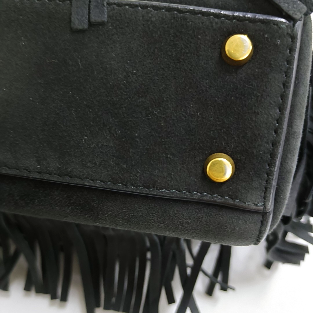 DIOR Lady Dior Mini Black Suede Leather Studded Fringe Crossbody Bag with Gold Hardware, Detachable Strap-(SKU)-961788599