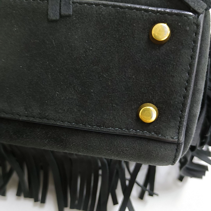 DIOR Lady Dior Mini Black Suede Leather Studded Fringe Crossbody Bag with Gold Hardware, Detachable Strap-(SKU)-961788599