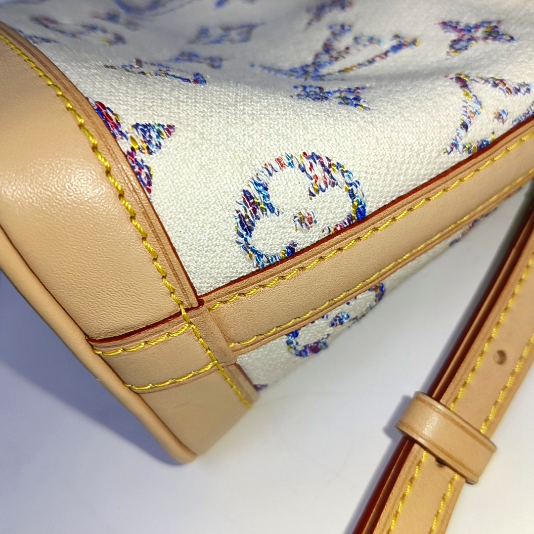 LOUIS VUITTON NOÉ Nano White Canvas Monogram Embossed Shoulder Bag Crossbody Gold Hardware Detachable Shoulder Strap-(SKU)-940367601