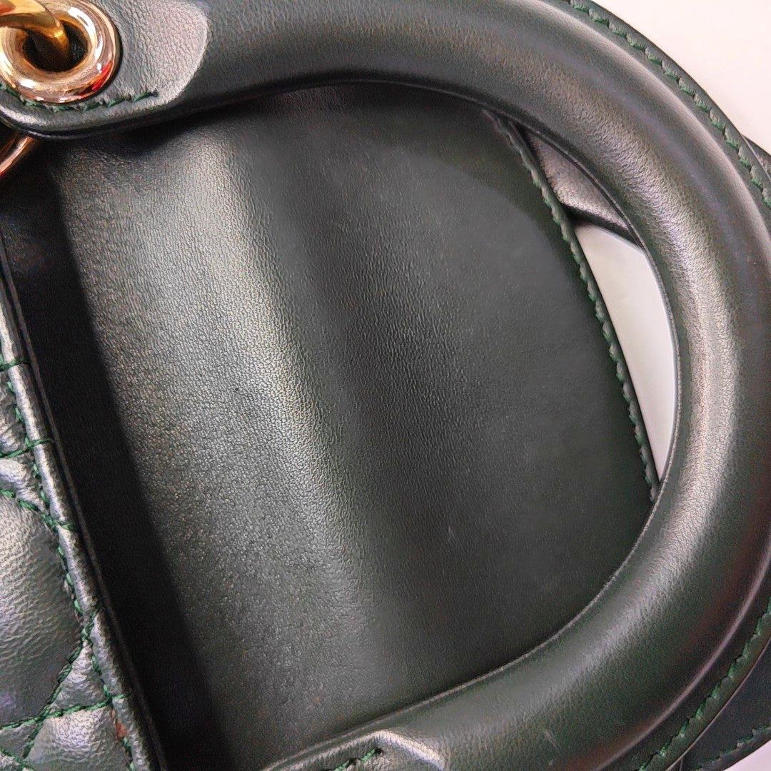 DIOR Lady Dior Small Dark Green Lamb Skin Quilted Diagonal Bag 4-Compartment Single Shoulder Bag Crossbody Handbag with Gold Hardware and Removable Shoulder Strap-(SKU)-968076065