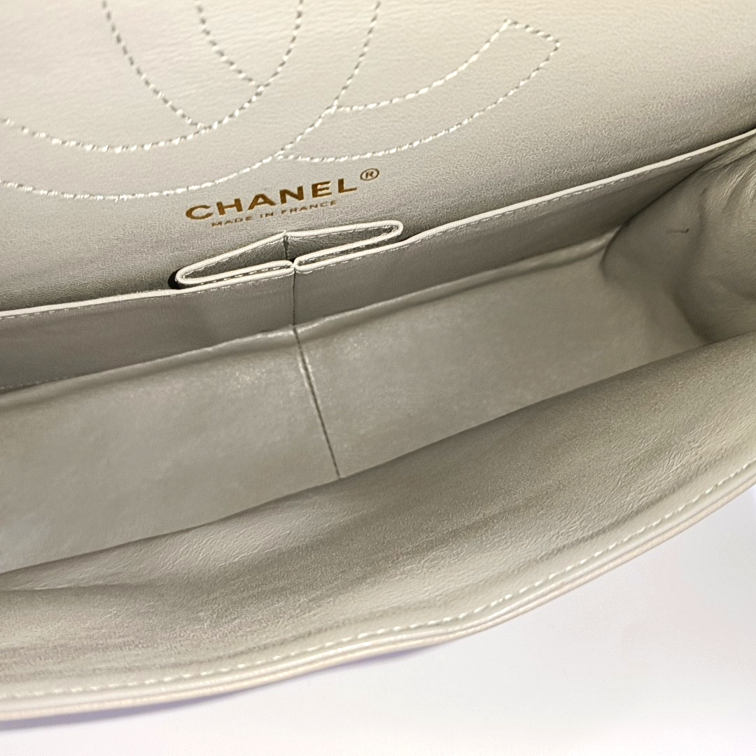 CHANEL 2.55 Grey Caviar Leather V-Shape Shoulder Bag with Gold Hardware, 27 Clasps-(SKU)-964136214