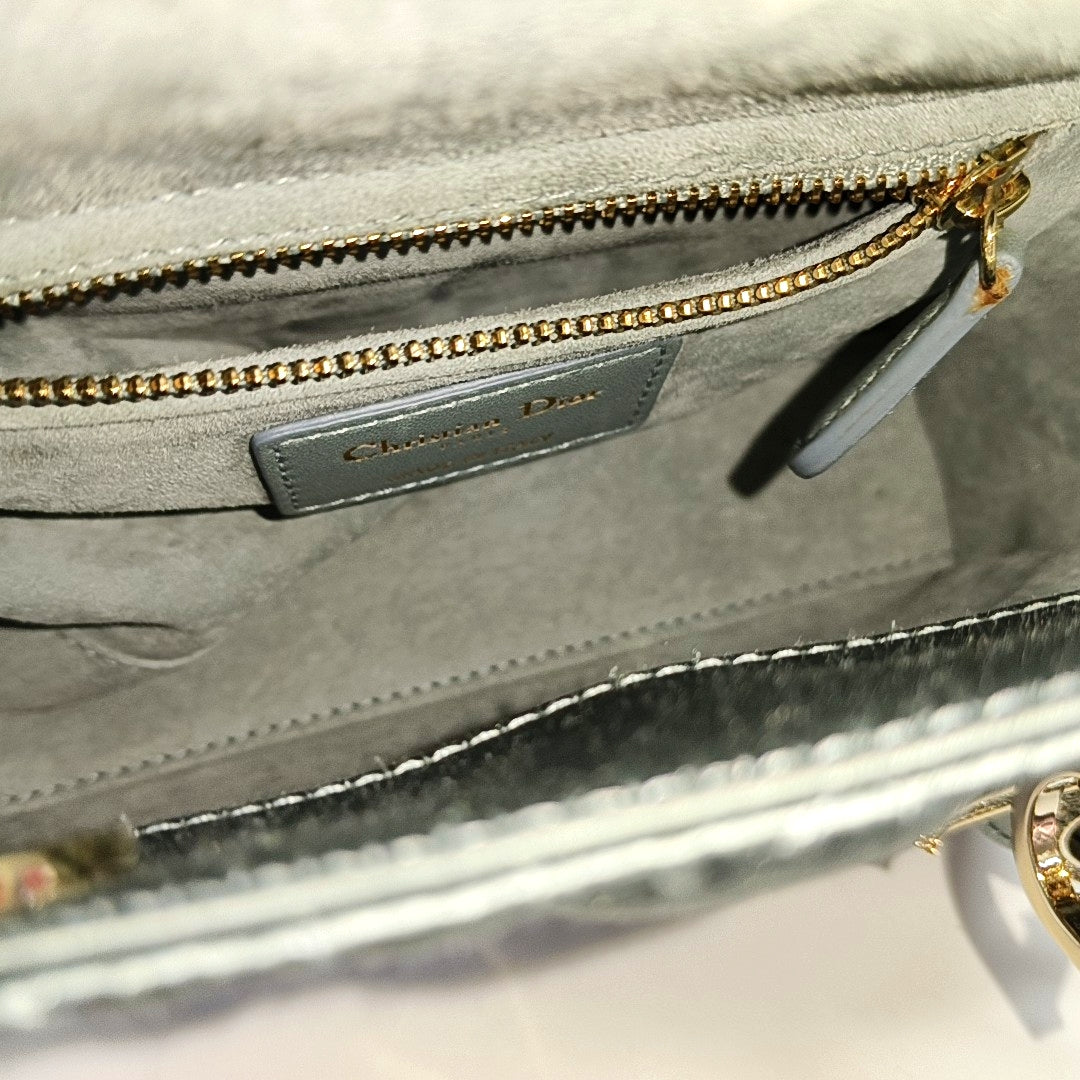 DIOR Lady Dior Mini Blue Satin Cannage Quilted Shoulder Bag Tote Bag Crossbody Bag Golden Hardware Removable Strap-(SKU)-970711343