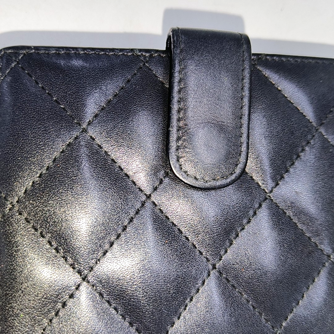 CHANEL CAMBON Black Cowhide Quilted Texture Wallet Silver Hardware 15nan-(SKU)-930797886