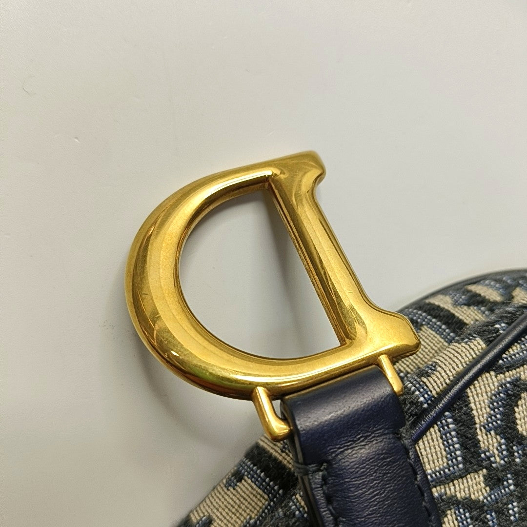 DIOR Saddle Blue Canvas Monogram Saddle Bag Handbag Shoulder Bag Crossbody Bag with Gold Hardware Removable Strap-(SKU)-969434186