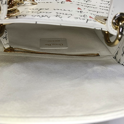 DIOR Lady Dior Small White Calfskin Printed Shoulder Bag Tote Crossbody Bag with Detachable Strap Gold Red Hardware-(SKU)-952283024