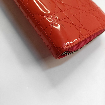 DIOR Lady Dior Red patent leather wicker pattern quilted wallet Golden hardware-(SKU)-945065064