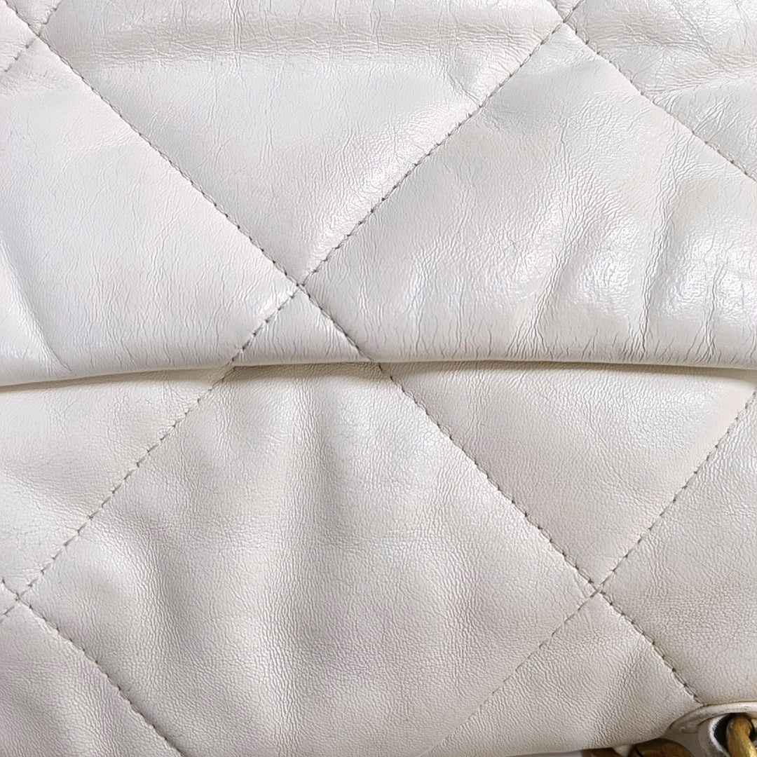 CHANEL CHANEL 19 Small White Lamb Skin Quilted Shoulder Bag Crossbody with Gold, Silver and Ruthenium Hardware 30 Clasp-(SKU)-969981633
