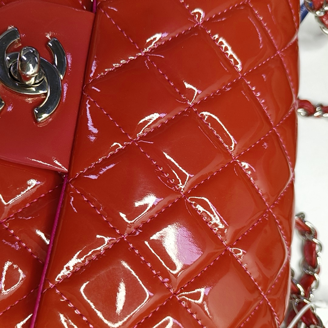 CHANEL CLASSIC FLAP Orange Patent Leather Quilted Crossbody Shoulder Bag with Silver Hardware, 14K-(SKU)-959565194