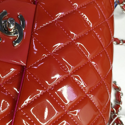 CHANEL CLASSIC FLAP Orange Patent Leather Quilted Crossbody Shoulder Bag with Silver Hardware, 14K-(SKU)-959565194