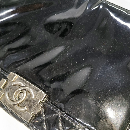 CHANEL BOY CHANEL Large Black Patent Leather Quilted Diagonal Shoulder Bag with Detachable Strap-(SKU)-14067527