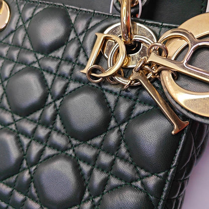 DIOR Lady Dior Small Dark Green Lamb Skin Quilted Diagonal Bag 4-Compartment Single Shoulder Bag Crossbody Handbag with Gold Hardware and Removable Shoulder Strap-(SKU)-968076065