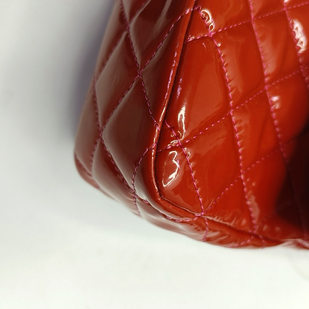 CHANEL CLASSIC FLAP Orange Patent Leather Quilted Crossbody Shoulder Bag with Silver Hardware, 14K-(SKU)-959565194