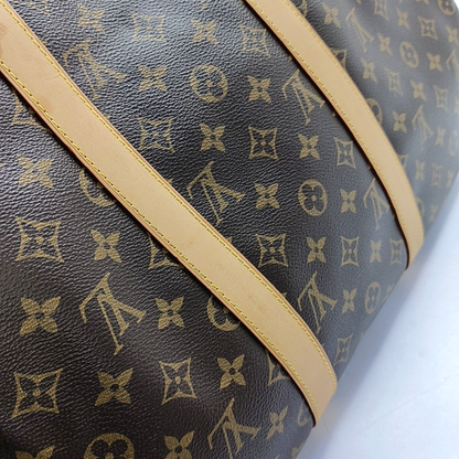 LOUIS VUITTON KEEPALL 50, brown coated canvas monogram Boston bag, shoulder bag, handbag with golden hardware and detachable strap-(SKU)-958409659