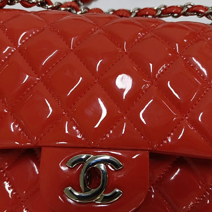 CHANEL CLASSIC FLAP Medium Orange Patent Leather Quilted Shoulder Bag Crossbody Bag Silver Hardware 16 Clasp-(SKU)-966701746
