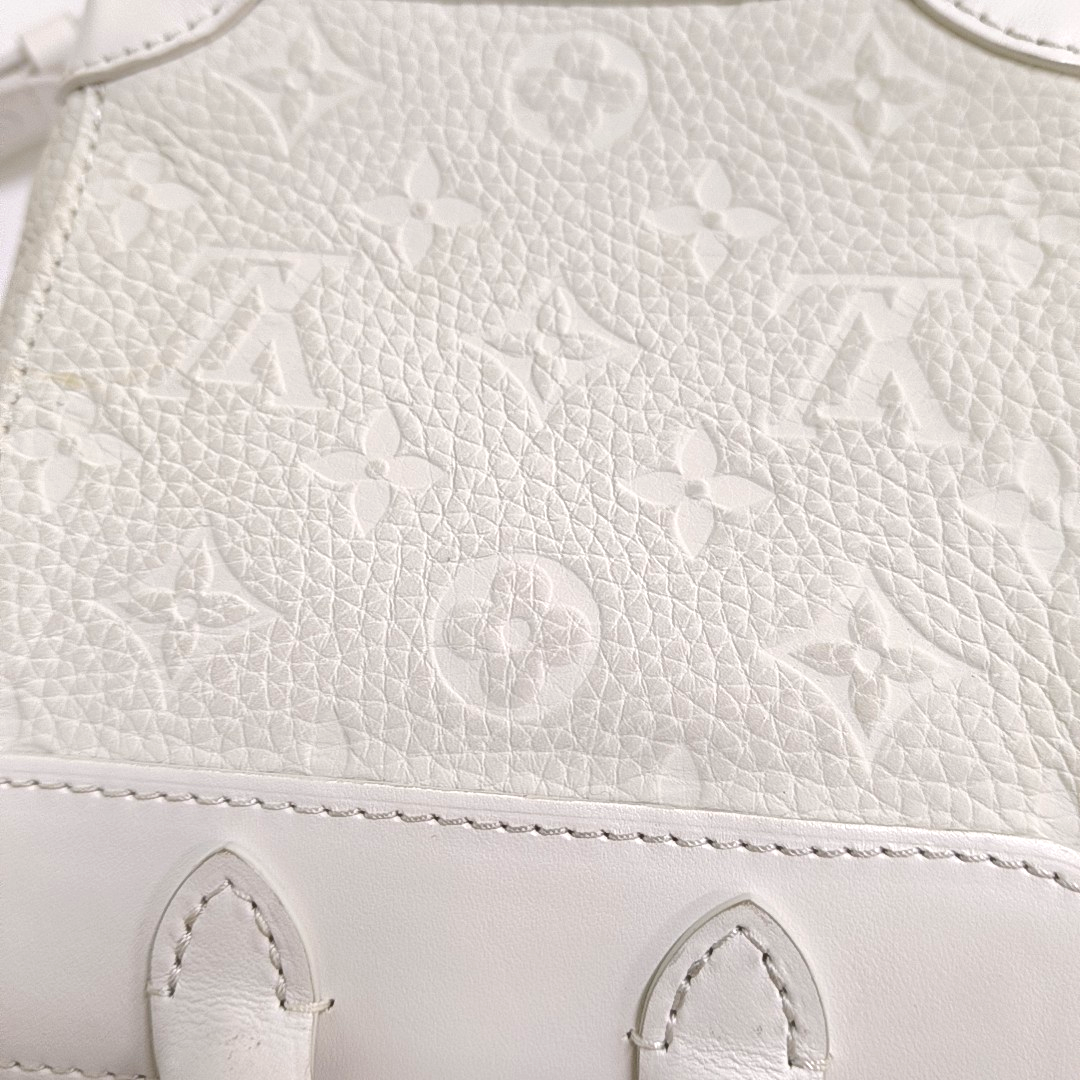 LOUIS VUITTON STEAMER Extra Small Size White Calfskin Monogram Embossed Crossbody Shoulder Bag Black Hardware Removable Shoulder Strap-(SKU)-961736730