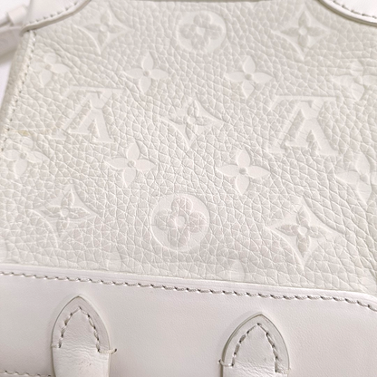 LOUIS VUITTON STEAMER Extra Small Size White Calfskin Monogram Embossed Crossbody Shoulder Bag Black Hardware Removable Shoulder Strap-(SKU)-961736730