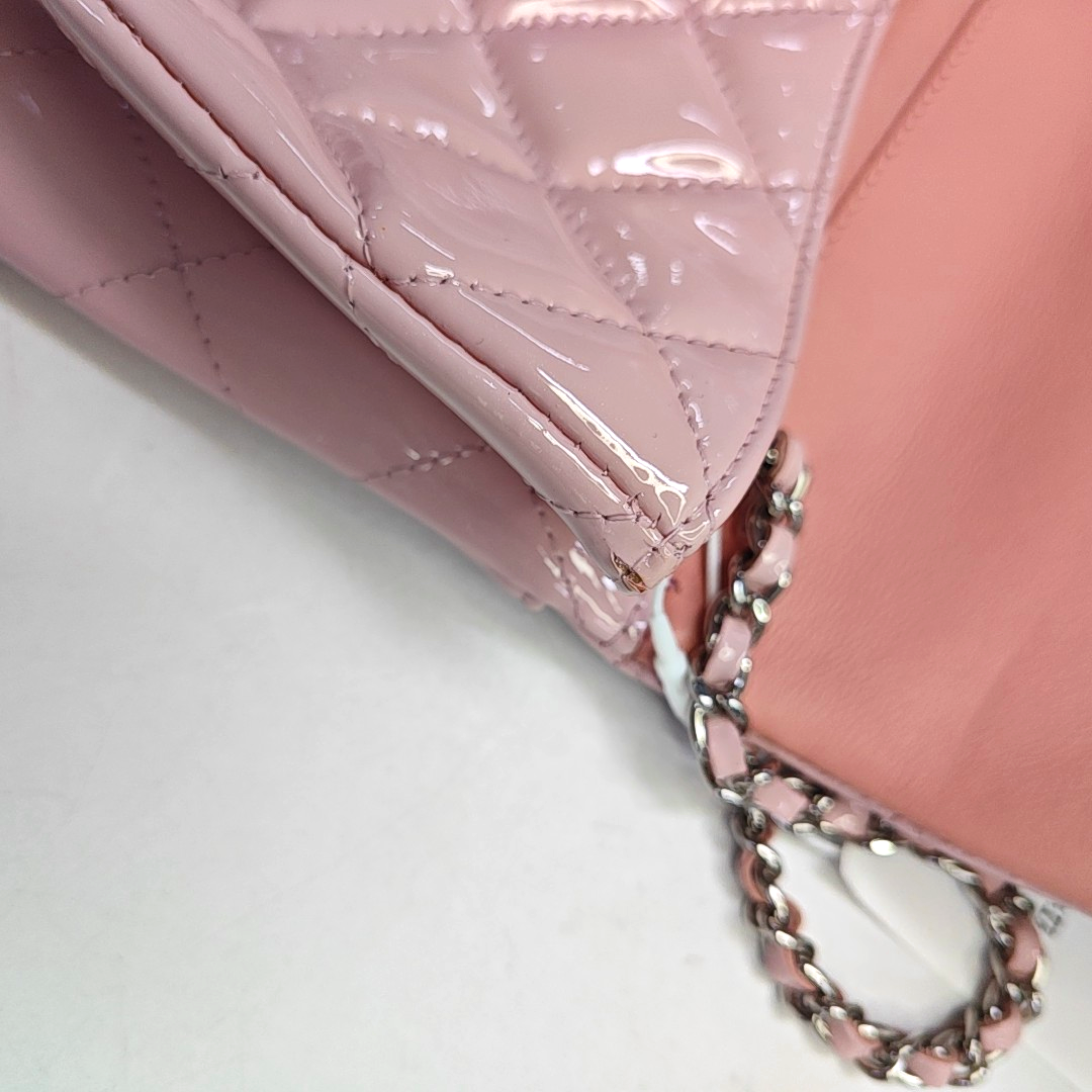 CHANEL CLASSIC FLAP Light Pink Lacquered Leather Quilted Matelassé Crossbody Shoulder Bag Handbag Gold and Silver Hardware 17 Openings-(SKU)-952358832