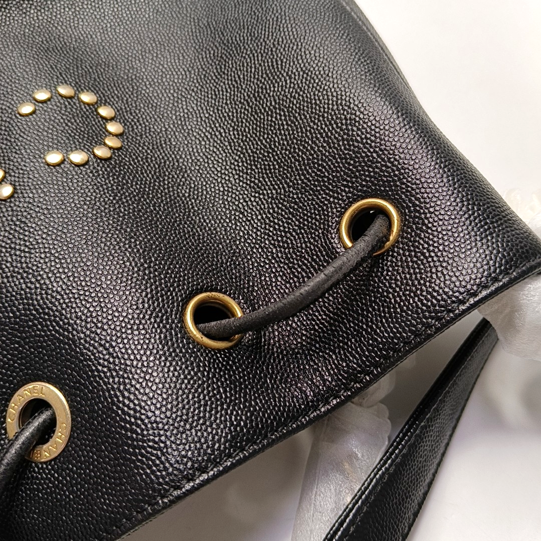 CHANEL DEAUVILLE Black Caviar Leather Studs Shoulder Bag Gold Hardware 28 Clasp-(SKU)-953026430