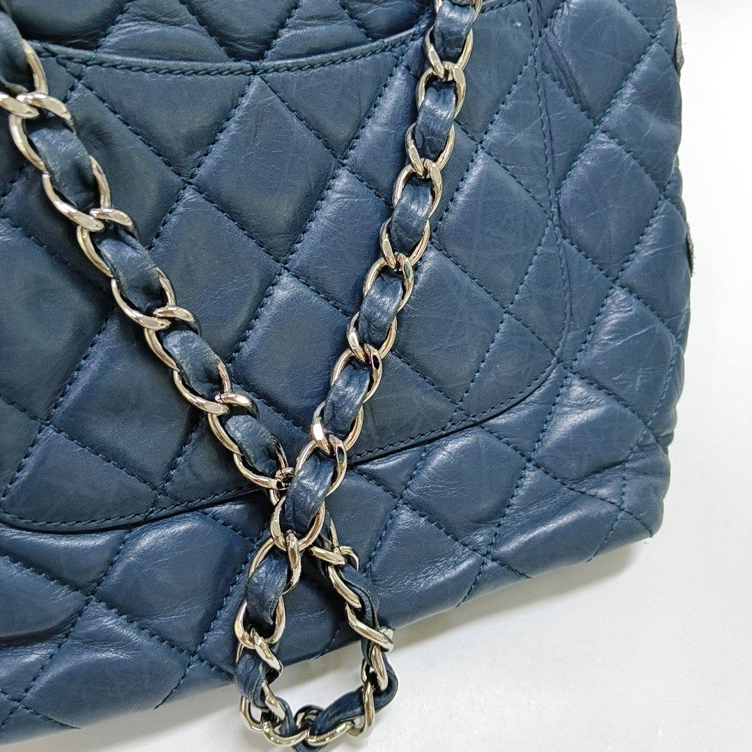 CHANEL CAMBON Blue Leather Quilted Diamond Pattern Single Shoulder Bag Silver Hardware 11 Clasp 2 Removable Shoulder Straps-(SKU)-966736811
