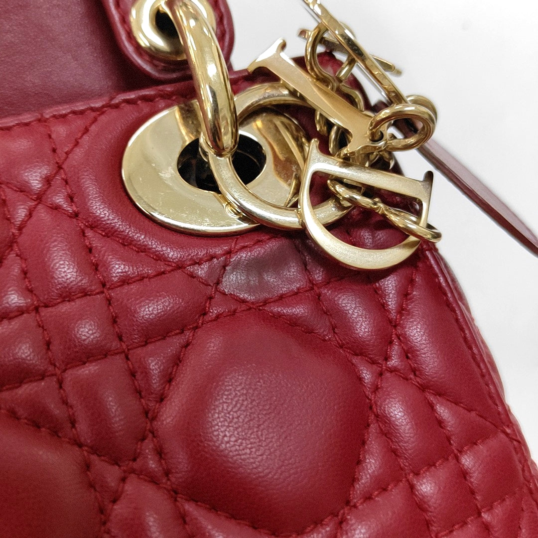 DIOR Lady Dior Mini Burgundy Calfskin Monogram Quilted Cannage Diana Three-Panel Shoulder Bag Crossbody with Removable Strap-(SKU)-969414820