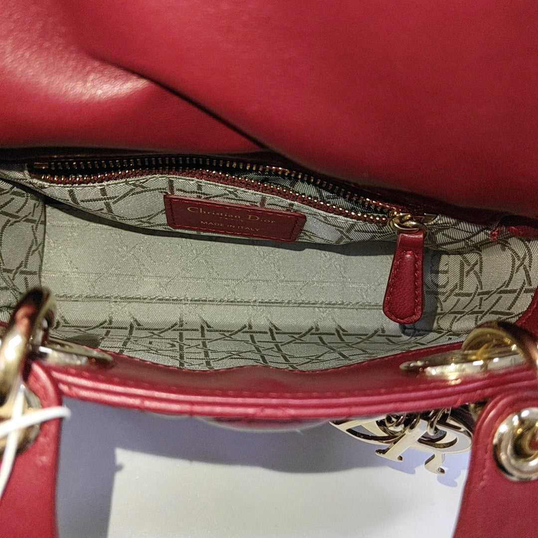 DIOR Lady Dior Mini Burgundy Calfskin Monogram Quilted Cannage Diana Three-Panel Shoulder Bag Crossbody with Removable Strap-(SKU)-969414820