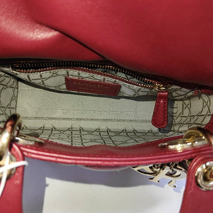 DIOR Lady Dior Mini Burgundy Calfskin Monogram Quilted Cannage Diana Three-Panel Shoulder Bag Crossbody with Removable Strap-(SKU)-969414820