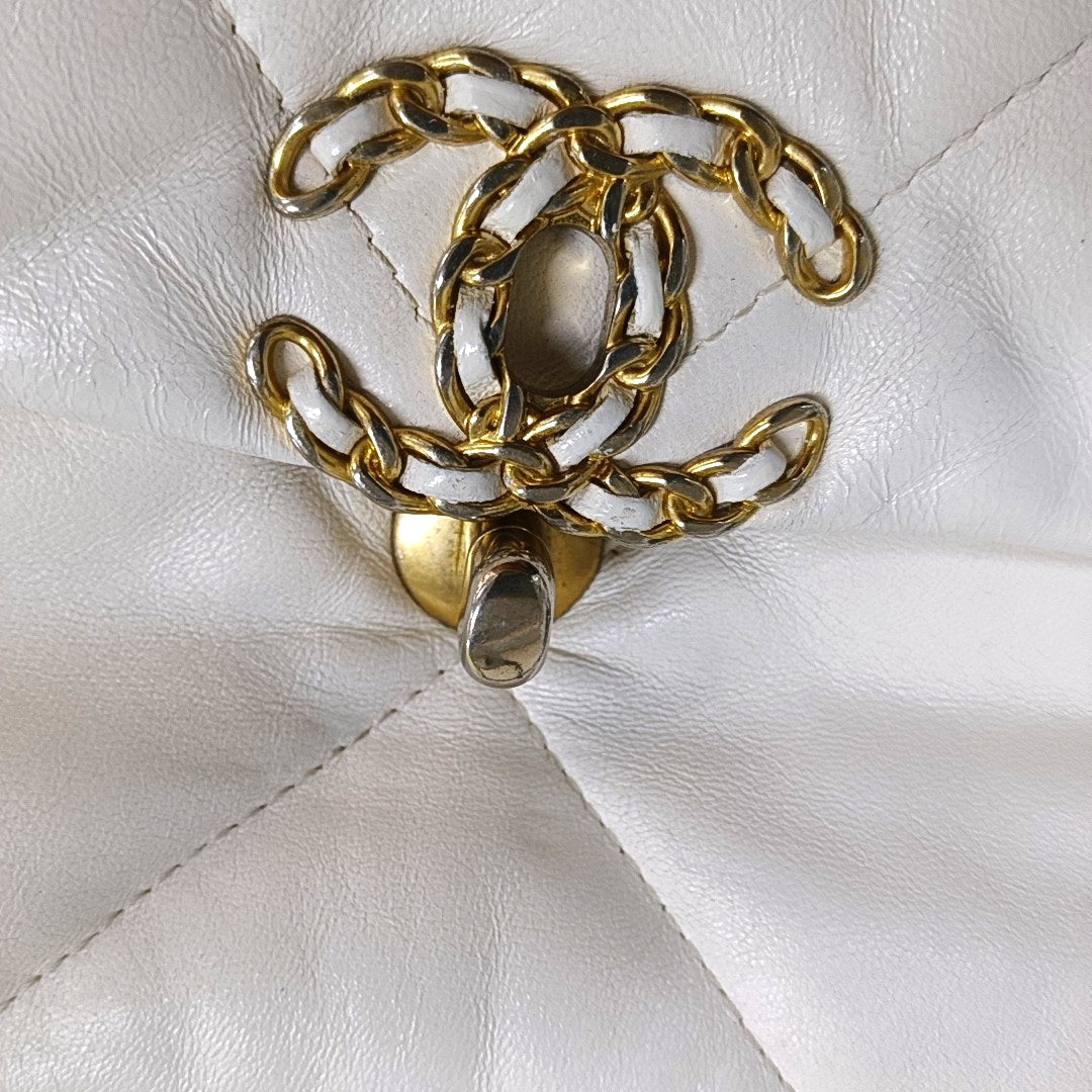 CHANEL CHANEL 19 Small White Lamb Skin Quilted Shoulder Bag Crossbody with Gold, Silver and Ruthenium Hardware 30 Clasp-(SKU)-969981633