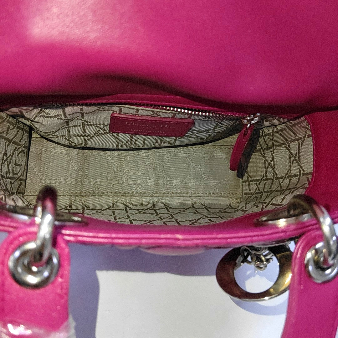 DIOR Lady Dior Mini Pinkish Red Lamb Leather Quilted Grained Three Compartment Shoulder Bag Crossbody Bag Tote Bag Silver Hardware Removable Strap-(SKU)-968391657